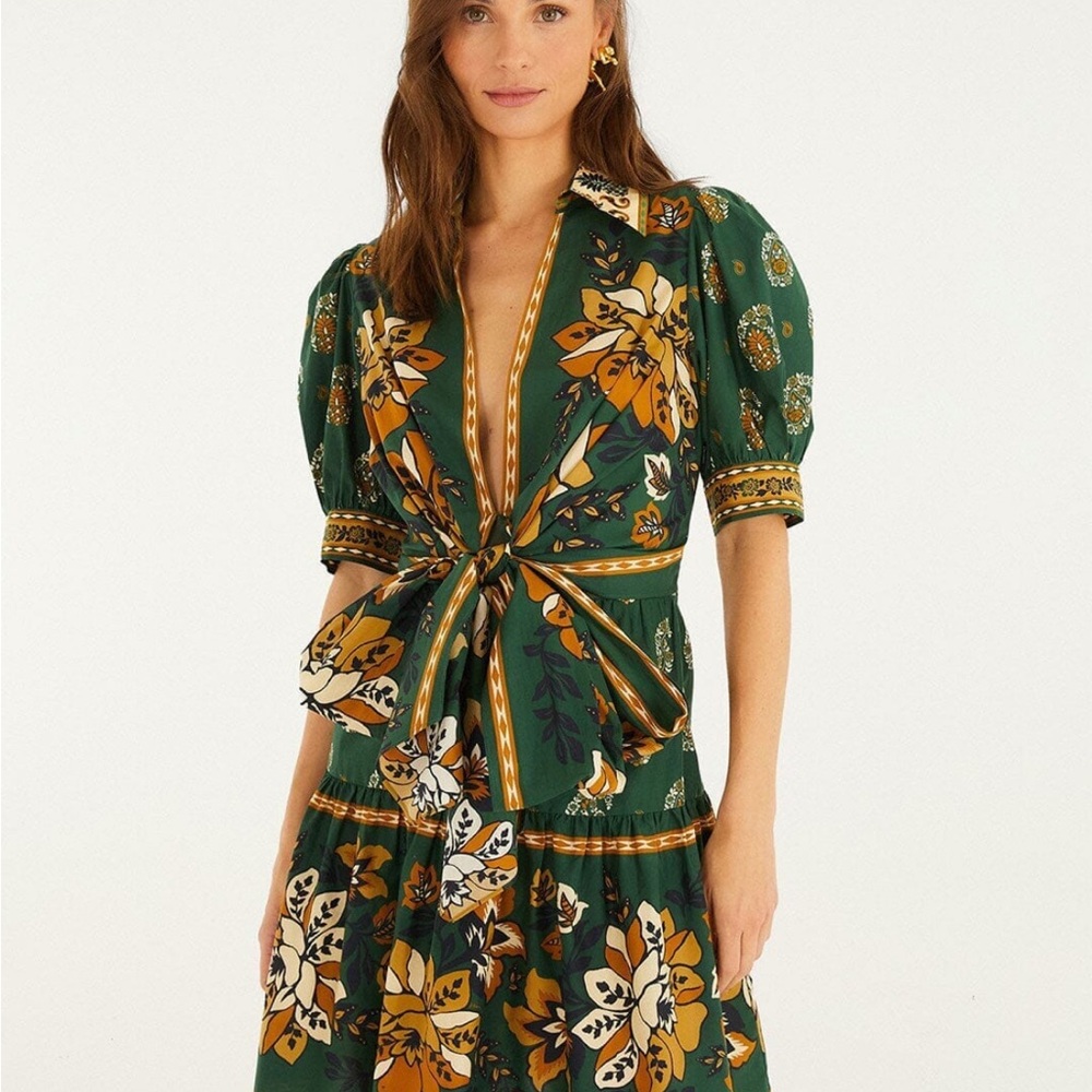FARM RIO Green Ayla Short Puff Sleeve Mini Dress 💚 NWT